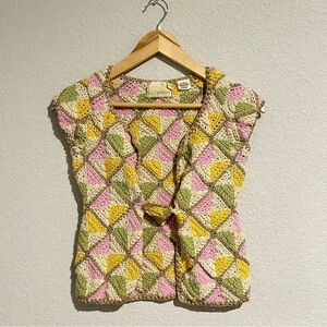 Anthropologie Guinevere Crochet Diamond Cap Sleeve Top Y2K Cottagecore Whimsical